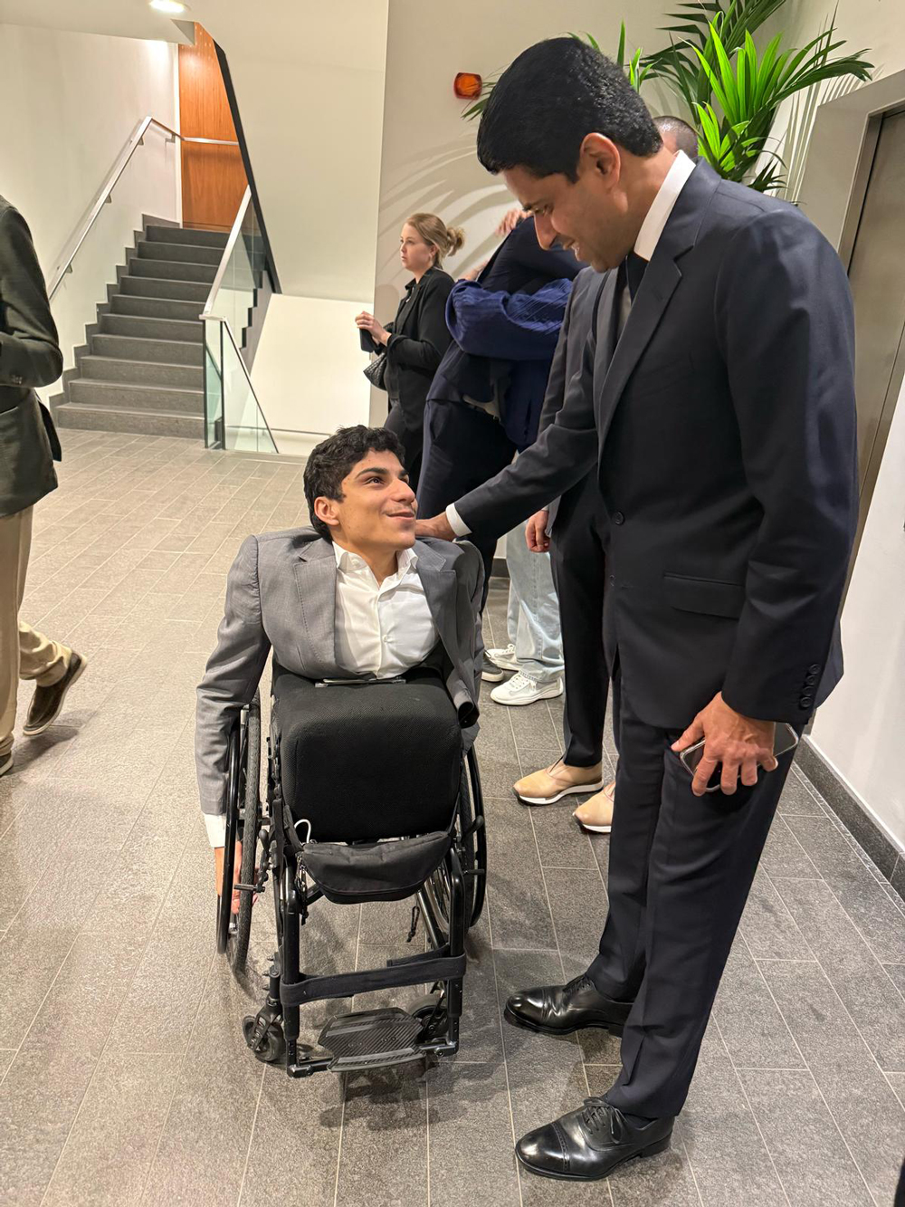 Qatari-motivational-speaker-and-YouTube-streamer-Ghanim-Al-Muftah-with-Nasser-Al-Khelaïfi,-President-of-PSG,-on-Tuesday