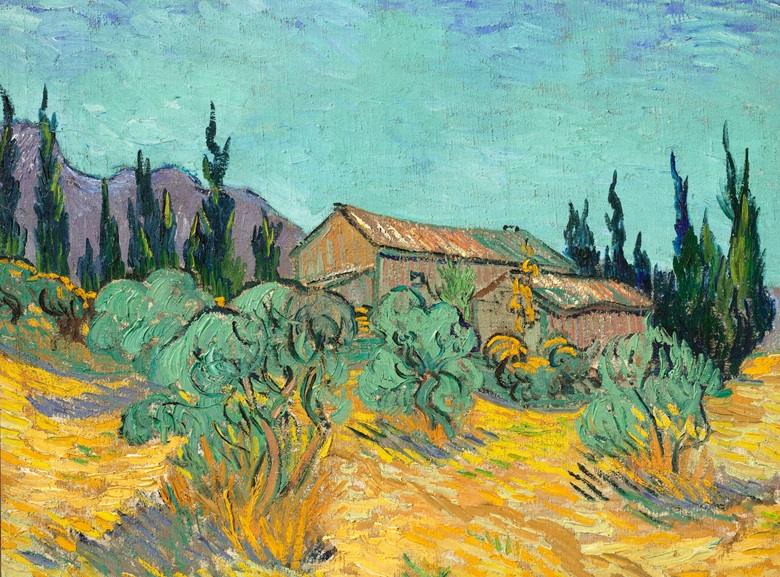 Van Gogh, Cabanes de bois parmi les oliviers et cyprès (1)
